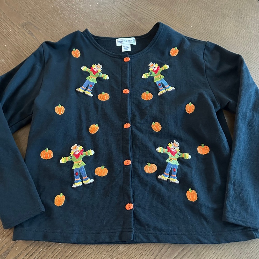 Bellepointe Fall Scarecrow Pumpkin Embroidered Cardigan Sweater Black Large